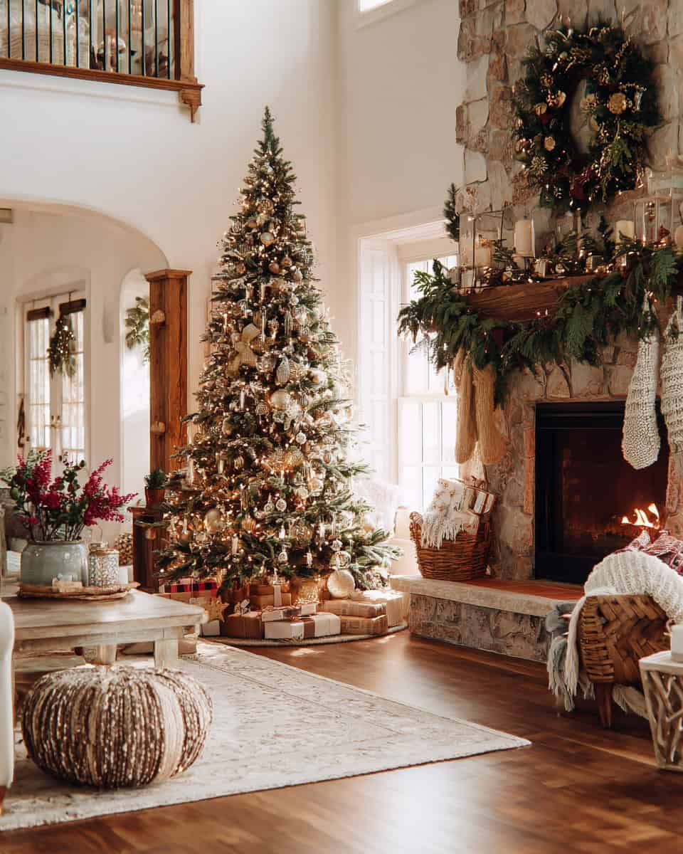 Bright airy Christmas living room with elegant tree and decorated stone fireplace mantel