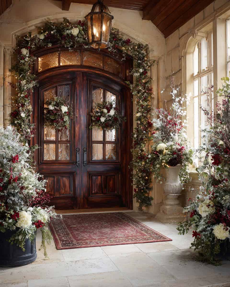 Classic Christmas porch with wreaths, greenery, lanterns, and lush winter floral arrangements