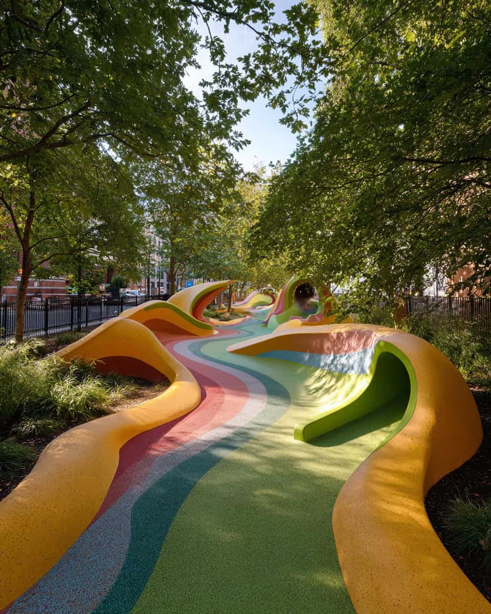 Colorful wavy playground path with sculpted play mounds
