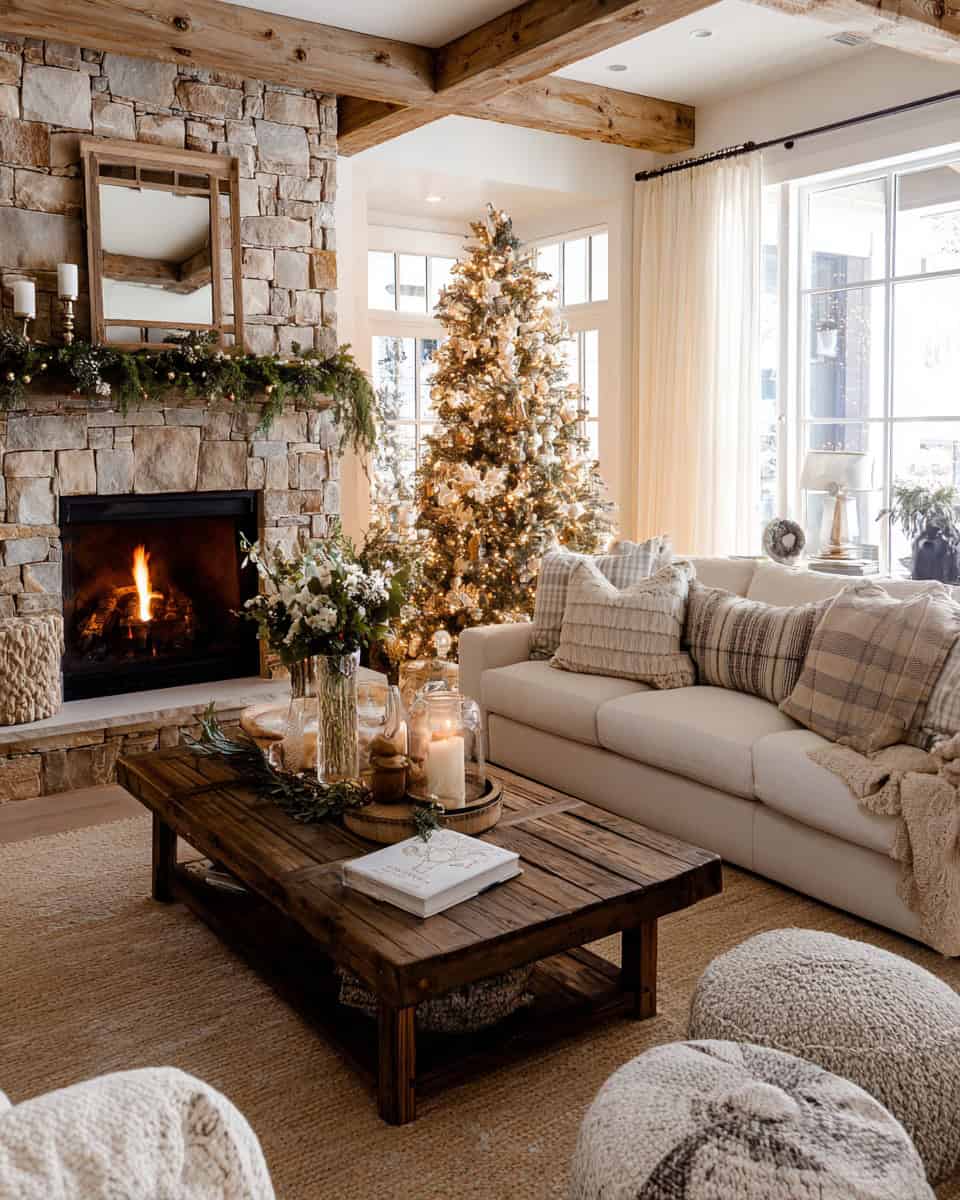 Cozy Christmas living room with stone fireplace, warm lights, and beautifully decorated tree