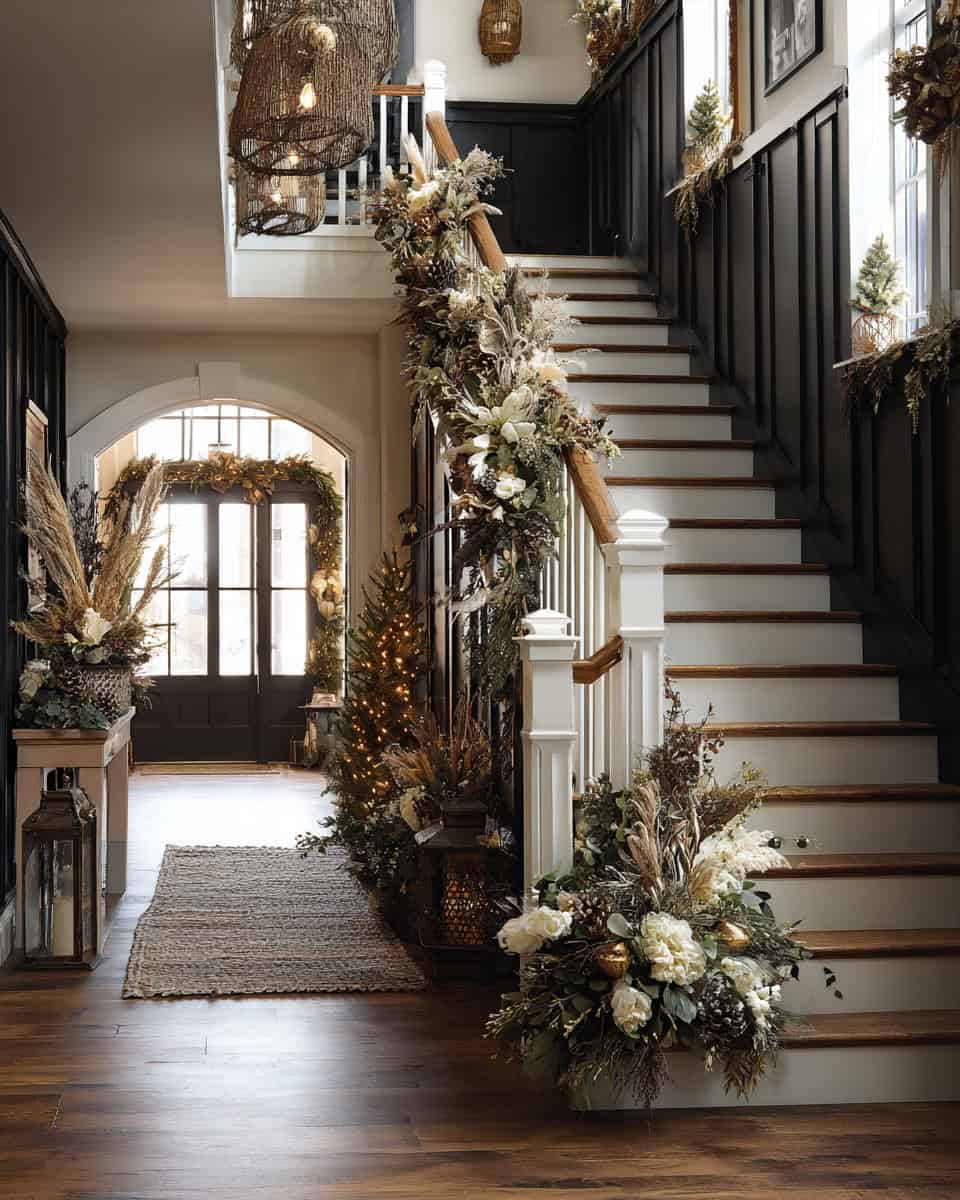 Christmas staircase with lush garlands, warm lights, and festive entryway decorations