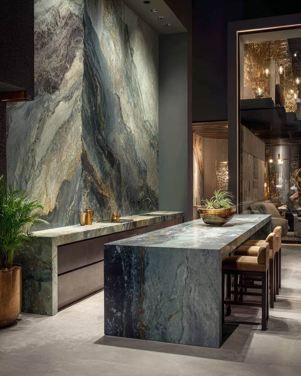 High-end kitchen with sculptural stone island and dramatic full-slab backsplash