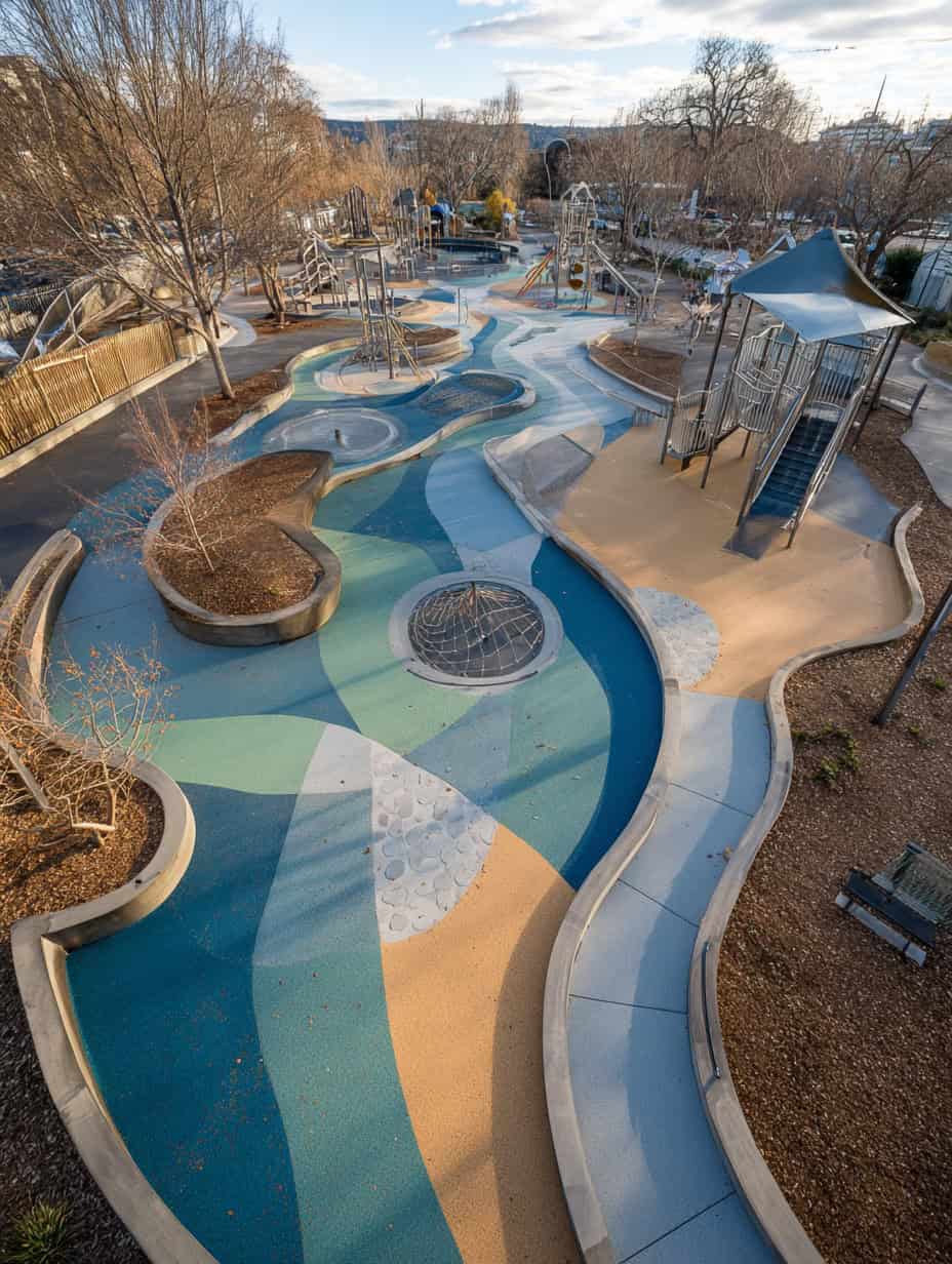 Overhead view of inclusive playground with flowing layout