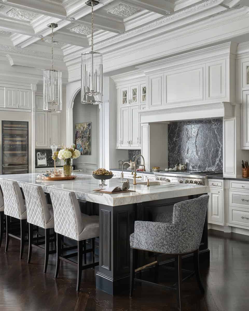 Luxury classic kitchen with coffered ceiling, marble island, and elegant white cabinetry