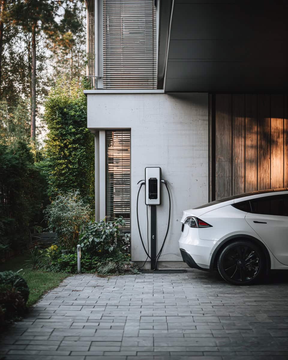 EV charger on minimalist concrete exterior with white SUV