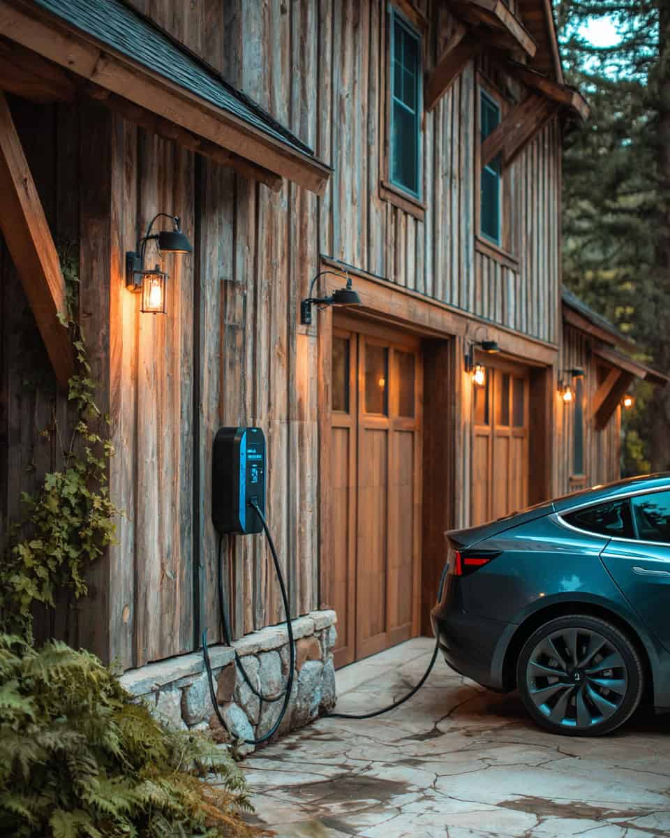 Modern EV home charger on rustic wooden garage with electric car