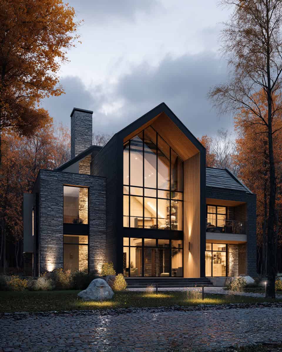 Modern forest house with tall glass facade, warm interior lighting, and stone cladding at dusk