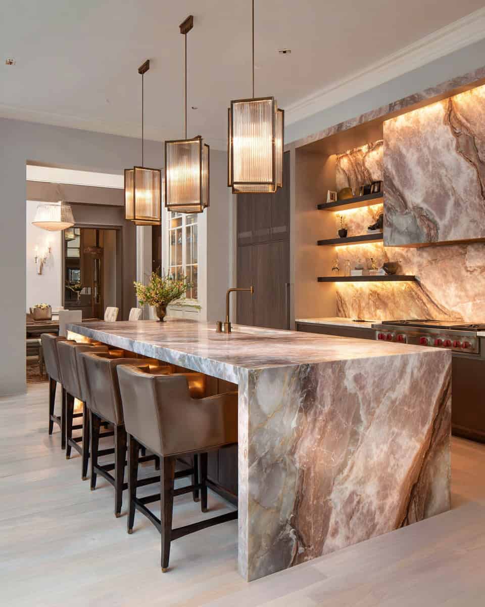 Modern kitchen with onyx waterfall countertop and warm pendant lighting
