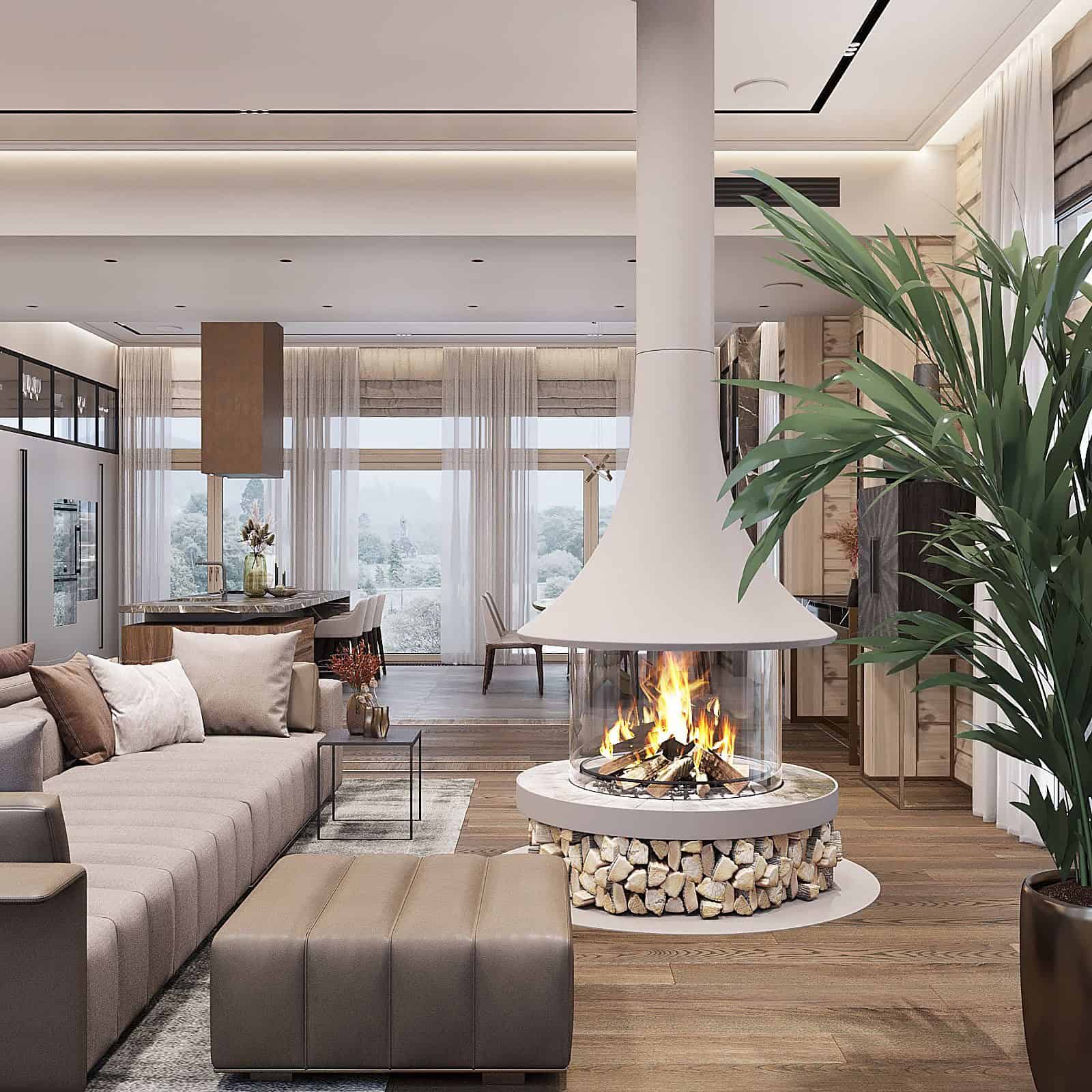 Contemporary modern living room with a stylish suspended fireplace, large windows with sheer curtains, and cozy seating area, combining natural wood, neutral tones, and minimalist decor for elegant interior design.