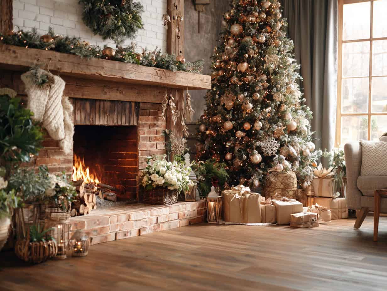 Luxurious Christmas holiday living room with decorated Christmas tree, cozy fireplace, and elegant wrapped gifts, perfect for holiday celebration and festive home decor.