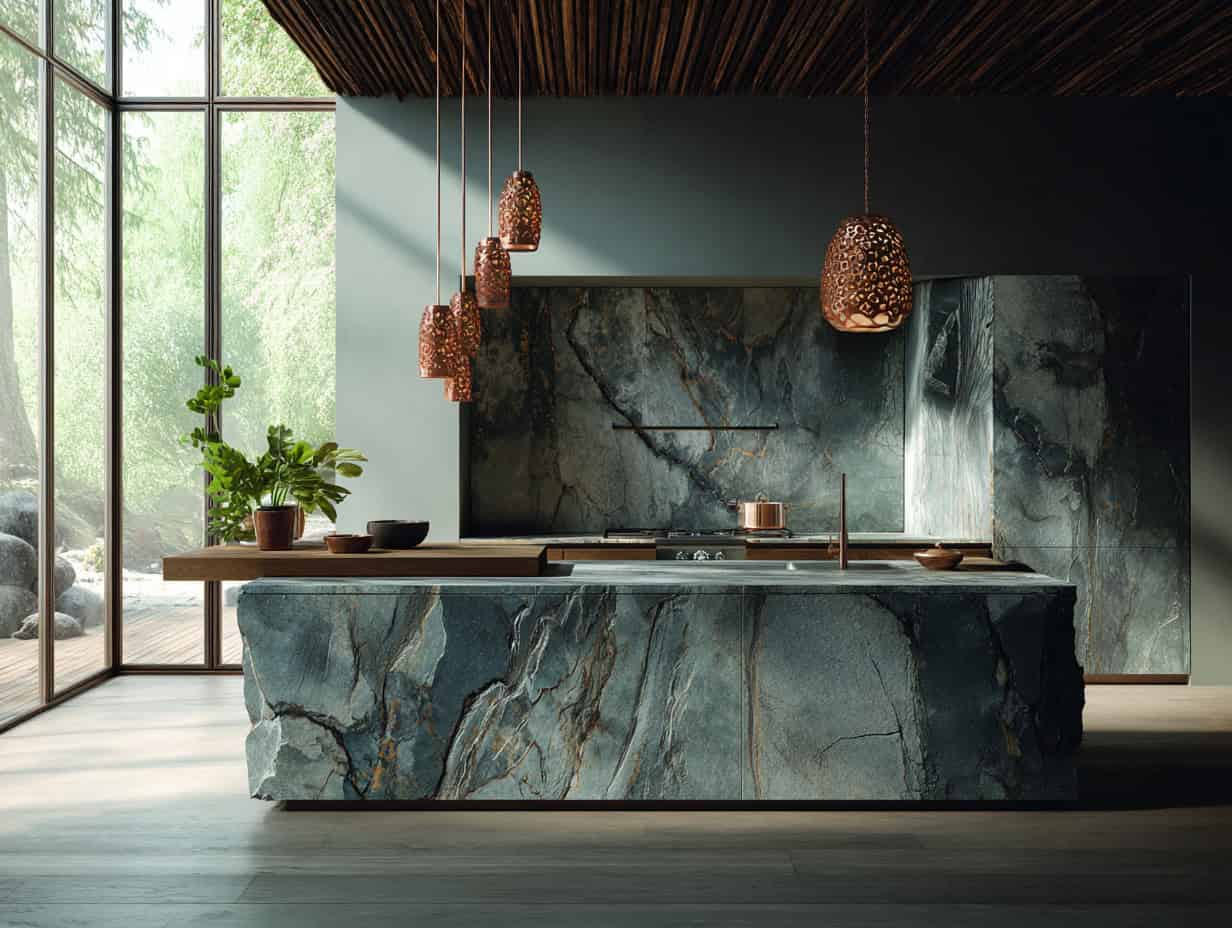 Luxurious kitchen with dark marble countertops and modern pendant lighting, surrounded by large windows with lush outdoor views, showcasing contemporary architecture and elegant design.