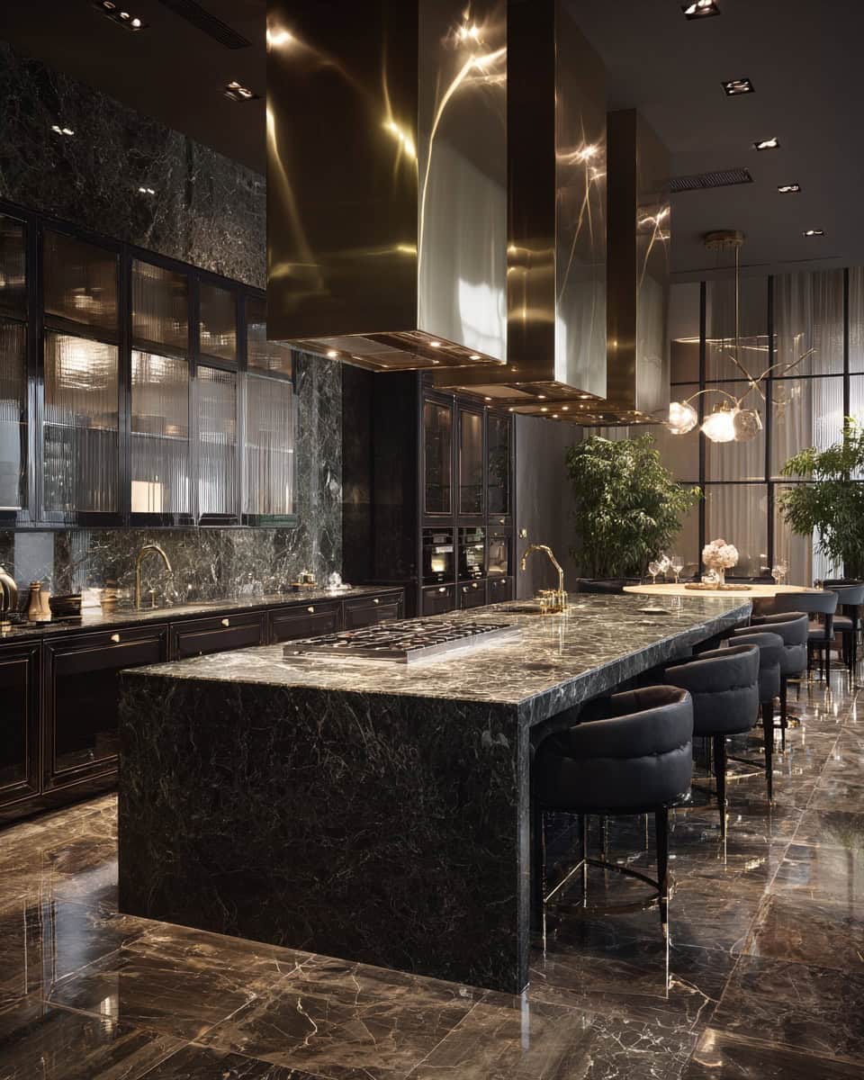 Ultra-luxury black marble kitchen with brass accents and rich dark finishes