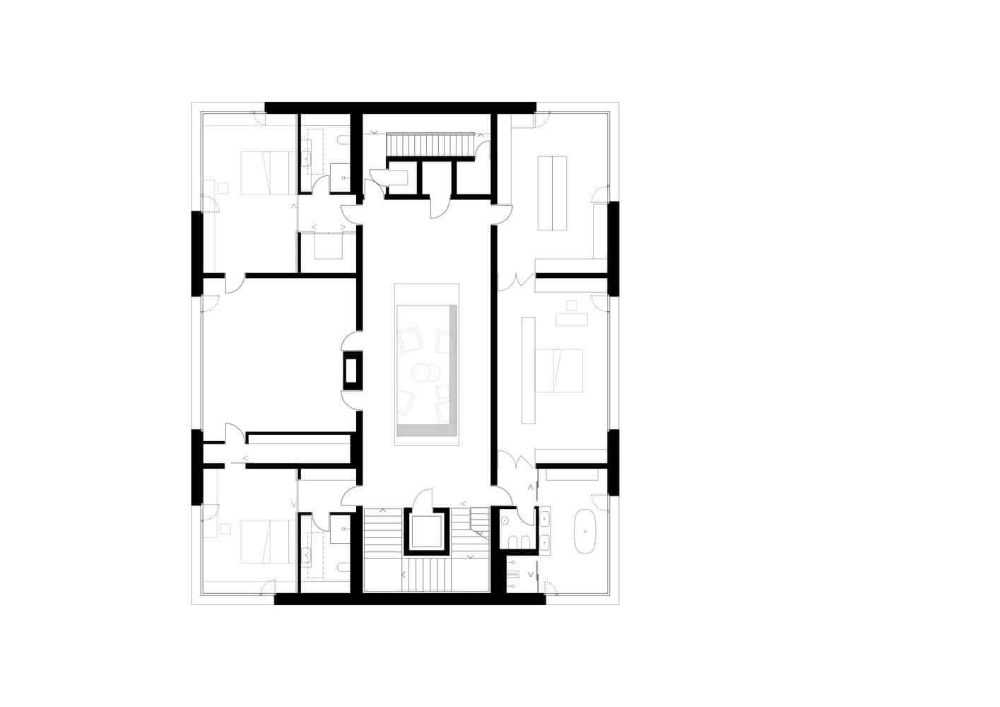 Second level floor plan of Villa Vista by Znameni Ctyr Architekti in Prague