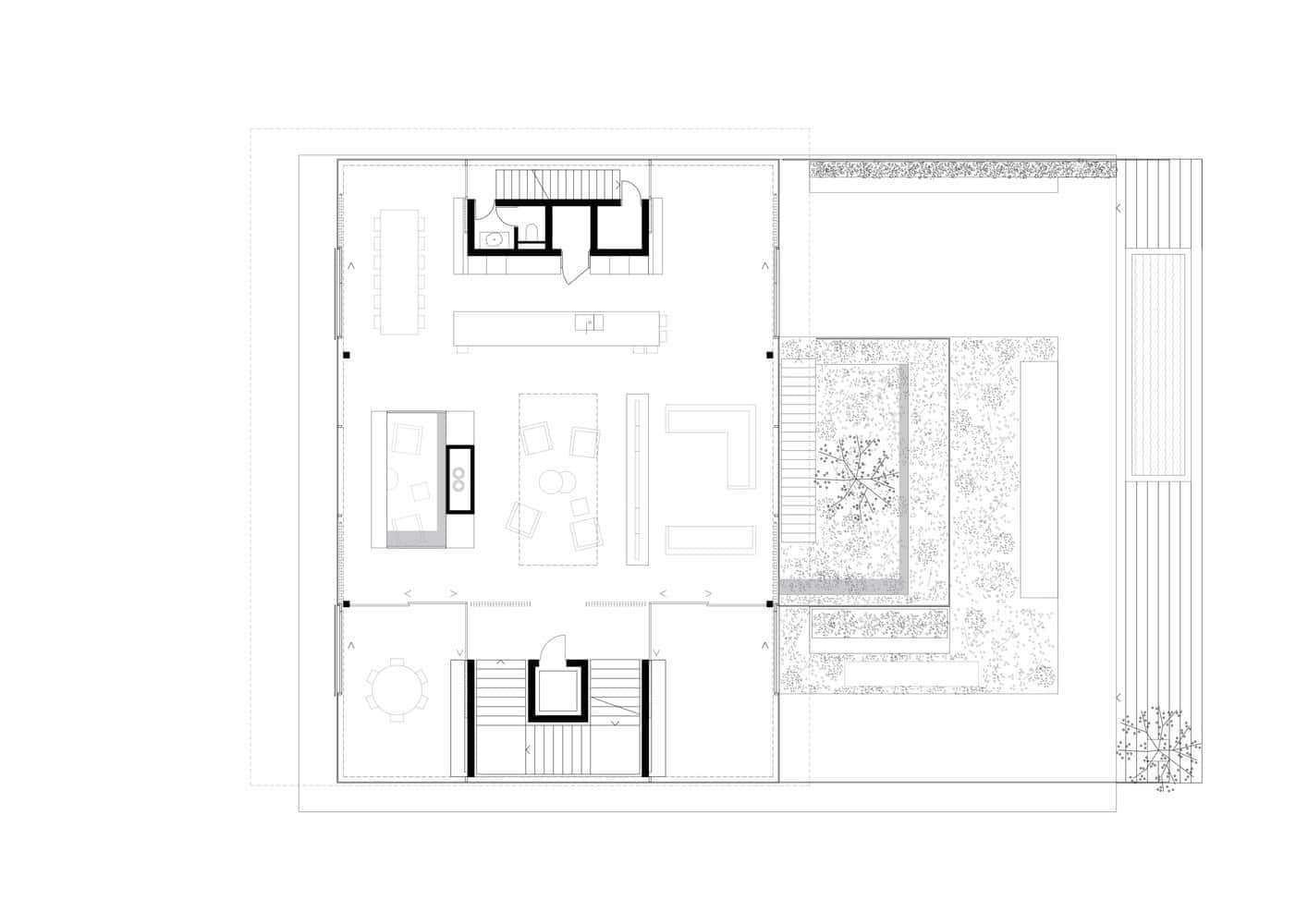 Living level floor plan of Villa Vista by Znameni Ctyr Architekti in Prague