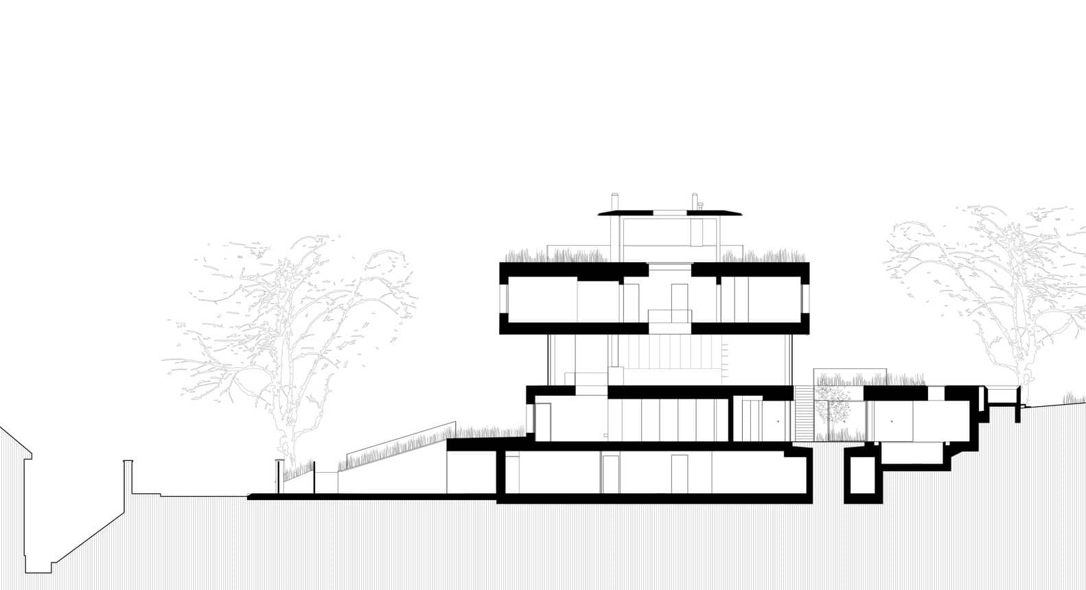 Architectural section drawing of Villa Vista by Znameni Ctyr Architekti in Prague