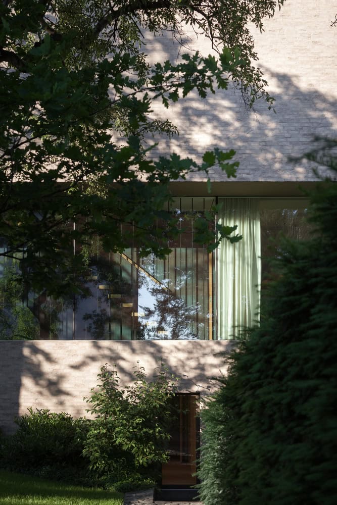 Villa Vista by Znameni Ctyr Architekti, double-height stair window with green curtains and garden reflections