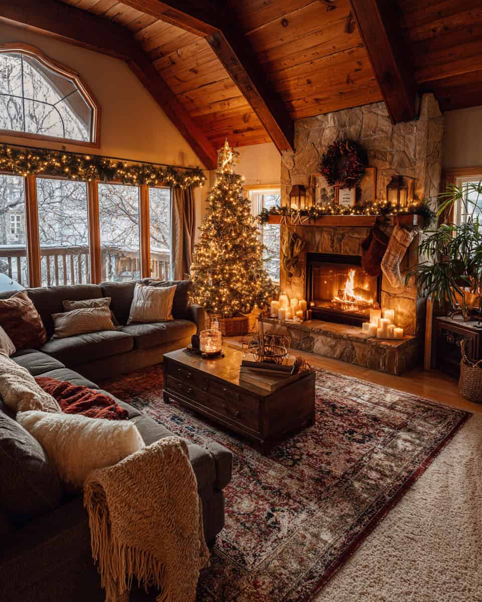 Cozy cabin living room decorated for Christmas with wood beams, lit tree, and glowing fireplace
